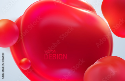 Abstract background with dynamic 3d bubbles. Red translucent bubbles. Vector illustration of glossy soft balls. Modern trendy banner or poster design. Colorful cover template