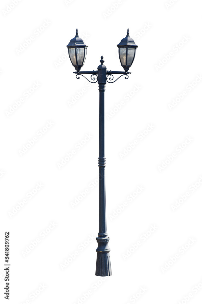 Street lamp on the white background. Street lamppost with two lamp black isolated on white background