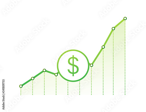 Profit money or budget. Cash and rising graph arrow up, concept of business success. Capital earnings, benefit. Vector stock illustration.