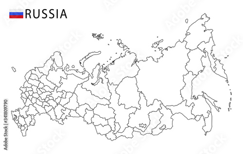 Russia map, black and white detailed outline regions of the country.