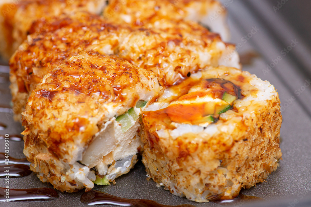 Sushi roll japanese food in restaurant. Japanese food. Japan restaurant menu