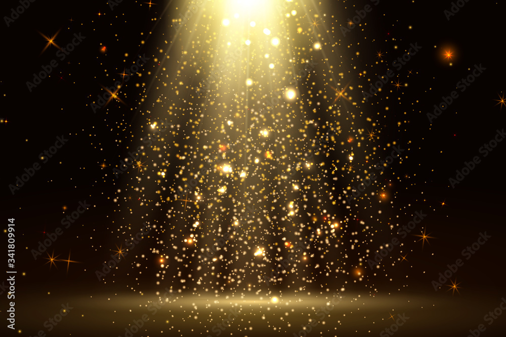 Stage light and golden glitter lights effect with gold rays, beams and falling glittering dust on floor. Abstract gold background for display your product. Shiny spotlight or stage. - obrazy, fototapety, plakaty 