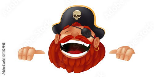 Funny cartoon pirate character laughing, sticking, and holding an empty sign or banner. Vector illustration with hiding and peeking captain mascot isolated on white background