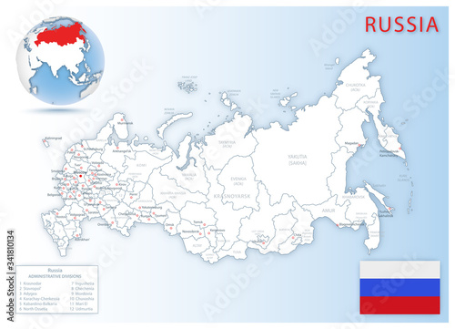 Detailed Russia administrative map with country flag and location on a blue globe.