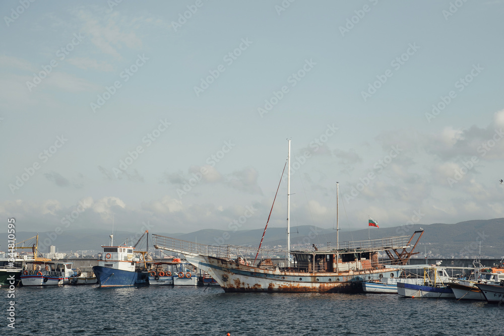 Ship and boat dock in Bulgaria. Ships at sea. Black sea coast in Bulgaria near Nessebar