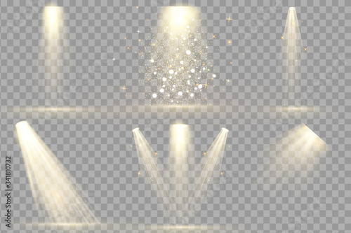 Set of Spotlight isolated . Vector glowing light effect with gold rays and beams. Scene illumination collection, transparent effects. Bright lighting with spotlights.