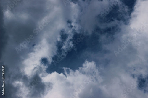 Blurry image of cloudy sky. Blue sky and dark clouds. Colorful nature background. 