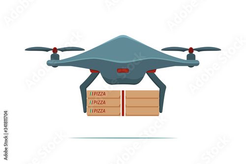 Drone delivers а pizza. Non-contact delivery concept. Remote air drone with pizza boxes. Contactless express delivery service. Self-isolation lifestyle. Contactless delivery during quarantine.
