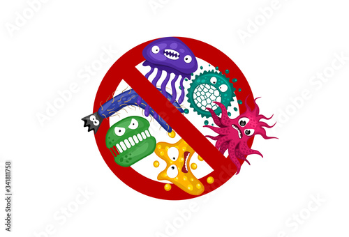 Stop spread virus sign. Cartoon bacterium germ characters isolated vector eps illustration on white background. Cute fly bacteria infection character. Microbe viruses and diseases protection concept