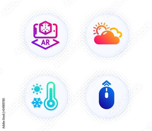 Augmented reality, Weather thermometer and Sunny weather icons simple set. Button with halftone dots. Swipe up sign. Phone simulation, Temperature, Summer. Scrolling page. Science set. Vector © blankstock