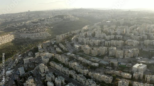 Neve Yaakov, Security fence and Hizme, Israel, Aerial
Drone view Summer 2020, East Jerusalem
 photo