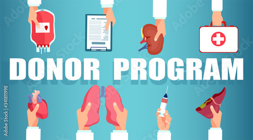 Vector of doctor hands with human organs ready for transplantation