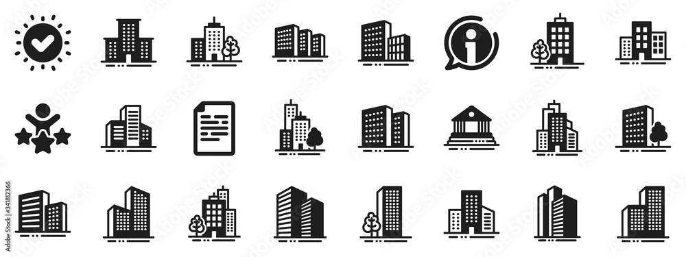 Bank, Hotel, Courthouse. Buildings icons. City, Real estate, Architecture buildings icons. Hospital, town house, museum. Urban architecture, city skyscraper, downtown. Approved check, document. Vector