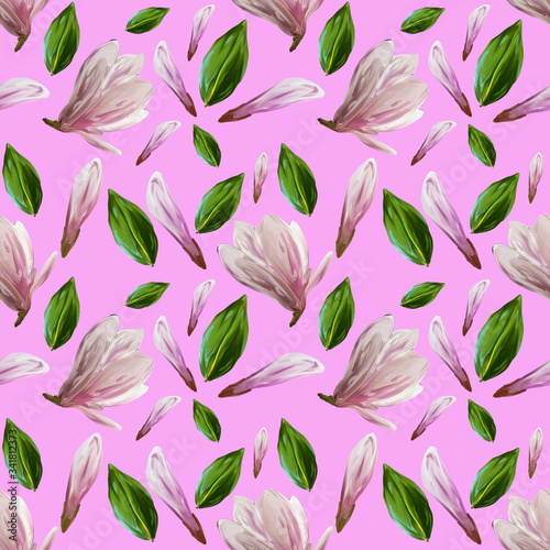 Seamless pattern with blooming magnolia flowers and leaves. Watercolor illustration. Pattern on isolated pink dark background for your design, wrapping paper, fabric, background © Olena