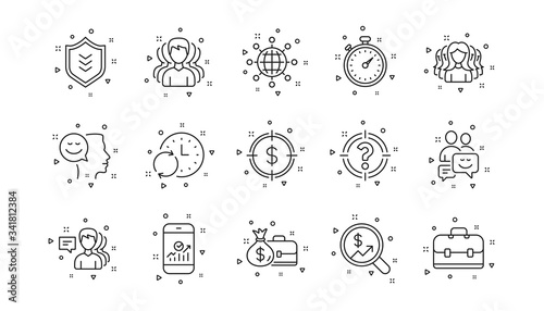 Group of people, Portfolio and Teamwork icons. Business line icons. User profile linear icon set. Geometric elements. Quality signs set. Vector
