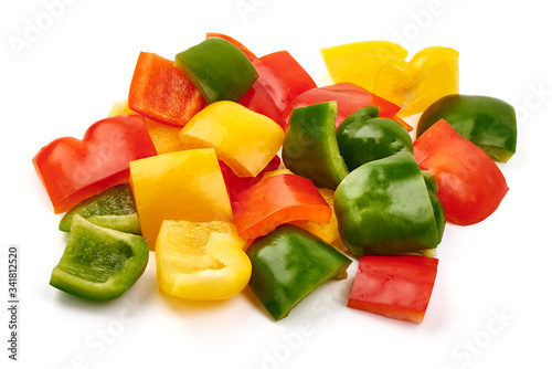 Bell pepper mix, chopped bulgarian pepper, isolated on white background