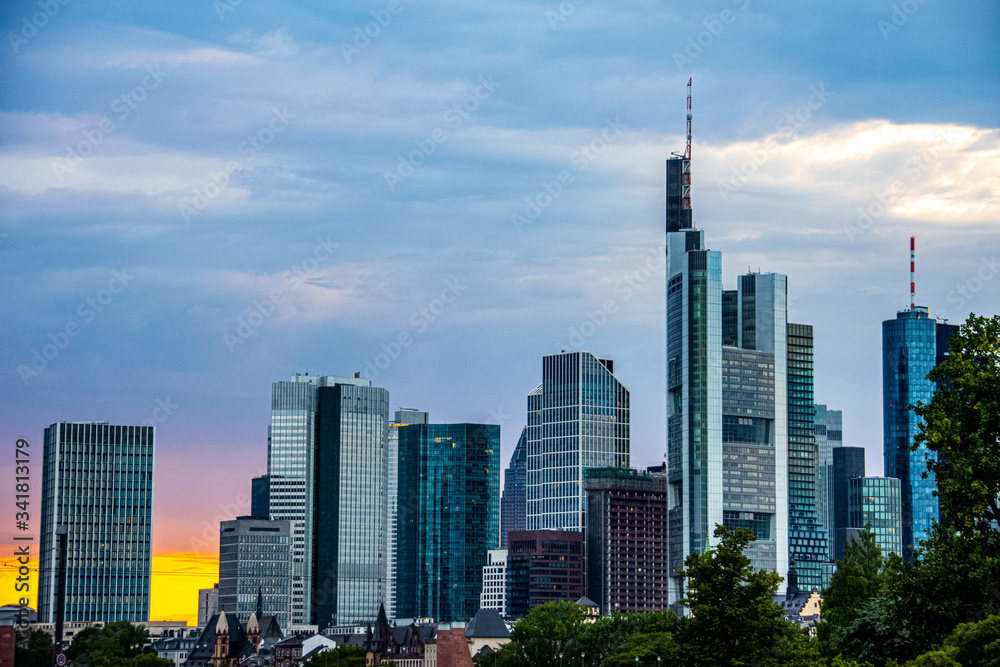 The cityscape with tall buildings of Frankfurt am Main
