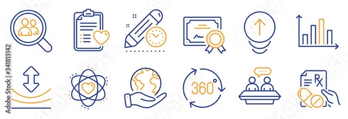 Set of Science icons, such as Diagram graph, Atom. Certificate, save planet. Patient history, 360 degree, Search employees. Employees talk, Resilience, Swipe up. Vector