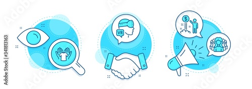 Women group, Income money and Augmented reality line icons set. Handshake deal, research and promotion complex icons. Hold t-shirt sign. Lady service, Wealth, Virtual reality. Laundry shirt. Vector