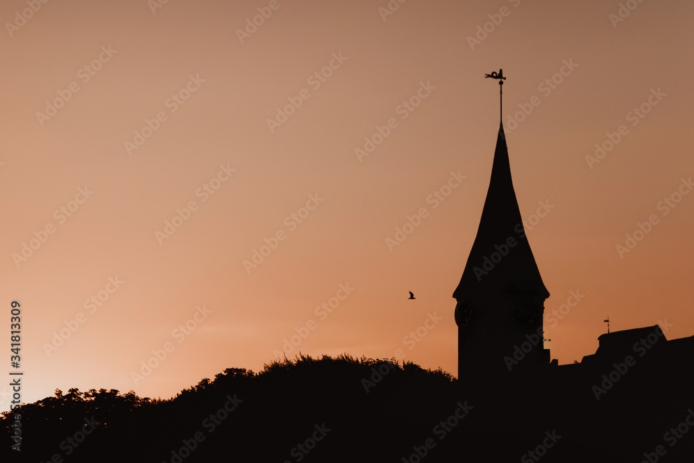 The silhouette of the old tower with a flag against the sunset sky background. A bird is flying in the sky.