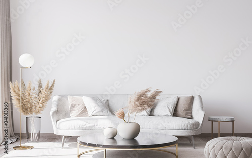 Stylish white modern living room interior, home decor
 photo