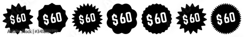 60 Price Tag Black | 60 Dollar | Special Offer Icon | Sale Sticker | Deal Label | Variations