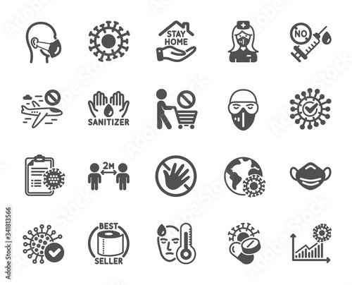 Coronavirus icons. Medical mask, washing hands hygiene, protective glasses. Stay home, hands sanitizer, coronavirus epidemic mask icons. Covid-19 virus pandemic, no vaccine, toilet paper. Vector