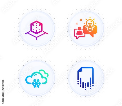 Snow weather, Augmented reality and Idea icons simple set. Button with halftone dots. Recovery file sign. Snowflake, Virtual reality, Solution. Backup document. Science set. Vector