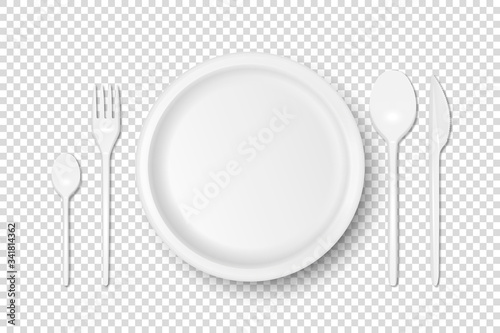 Vector 3d Realistic White Plastic, Paper Disposable Food Dish, Cutlery - Plate, Spoon, Fork, Khife Icon Set Isolated. Top View. Design template, Mock up for Graphics, Branding Identity, Printing