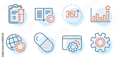 Seo gear, Service and Efficacy signs. Medical analyzes, Copyright and Globe line icons set. Capsule pill, 360 degrees symbols. Medicine results, Copywriting book. Science set. Vector