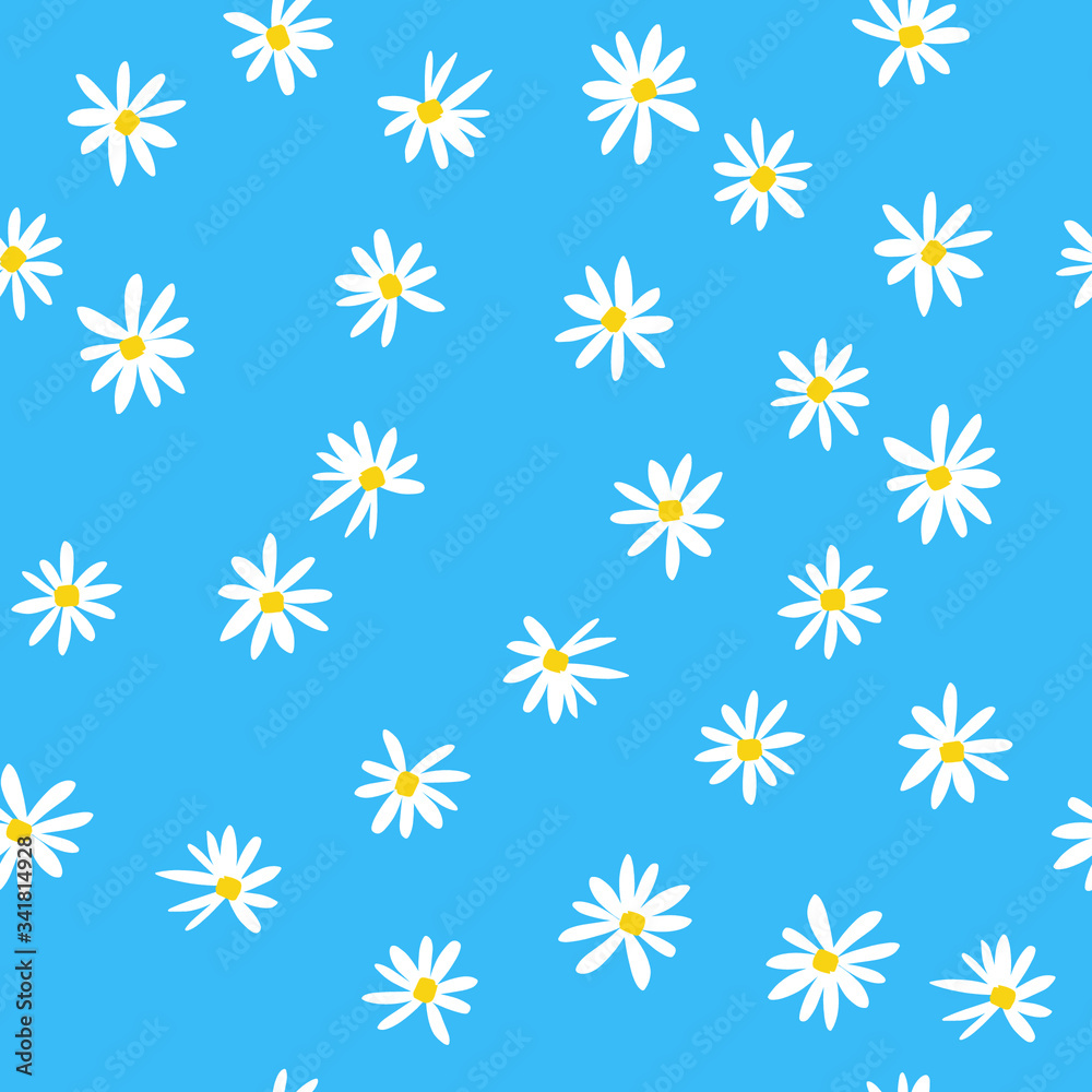 Seamless hand-painted vector drawing Doodle. Chamomile flowers on a blue background. Suitable for Wallpaper, textiles, covers and other finishing materials.
