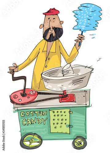 Indian street vendor is making and offering cotton candy. Cartoon. Sketch. Caricature.