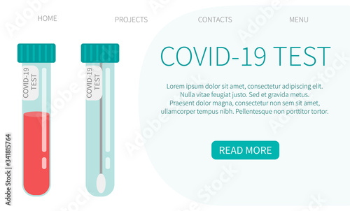 COVID-19 test. Tubes with blood sample. Concept of Coronavirus rapid test. Lab research and diagnosis. Web page design templates.