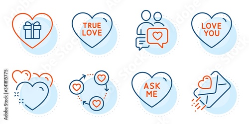 Ask me, Romantic gift and Heart signs. Love you, Dating chat and Love letter line icons set. Friends community symbol. Sweetheart, Heart. Love set. Outline icons set. Ð¡ircle with dashed line. Vector