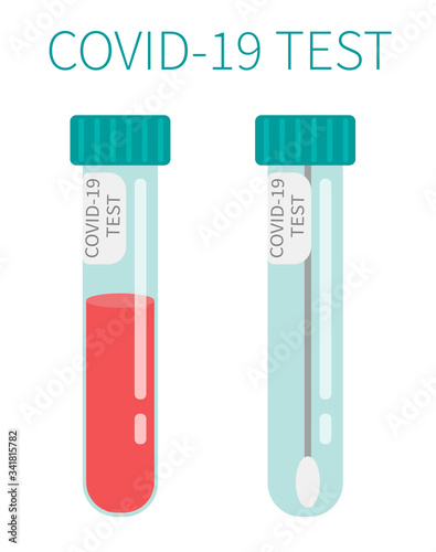 COVID-19 test. Tubes with blood sample. Concept of Coronavirus rapid test. Lab research and diagnosis. Vector illustration in flat style.