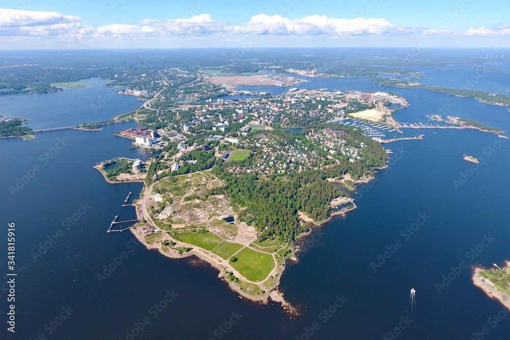 Kotkansaari Island, the Swedish Strait. Finland the city of Kotka. Baltic Sea, bay with boats, summer sunny day. Aerial photography.