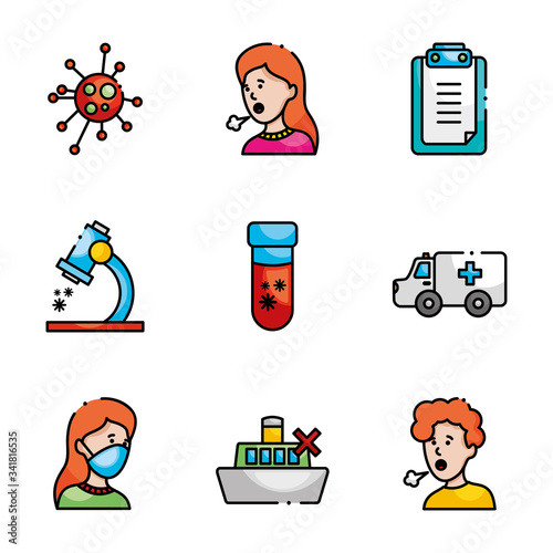 sickness people and coronavirus preventions icon set, line color style