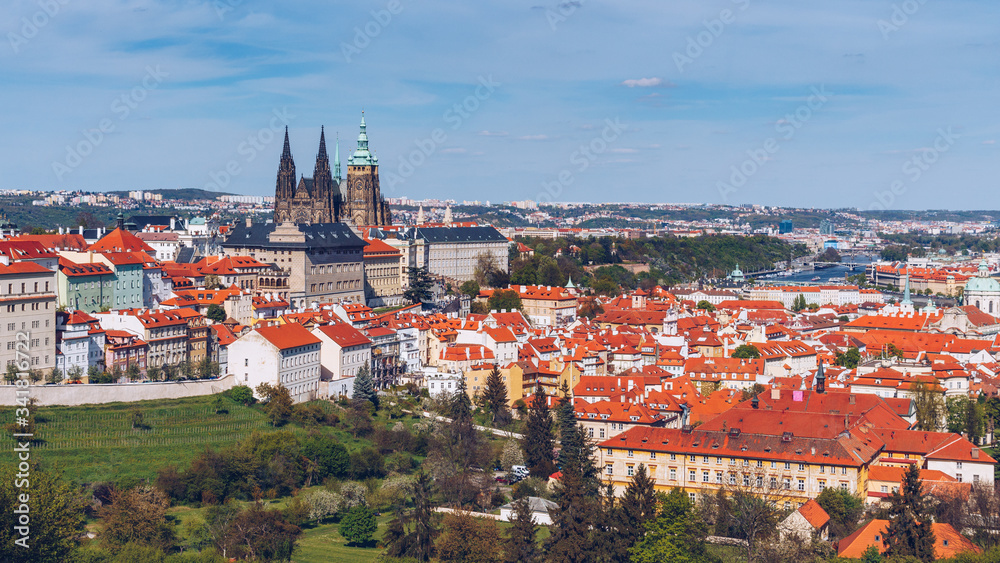 Panoramic view of Old town of Prague with tiled roofs. Prague, Czech Republic