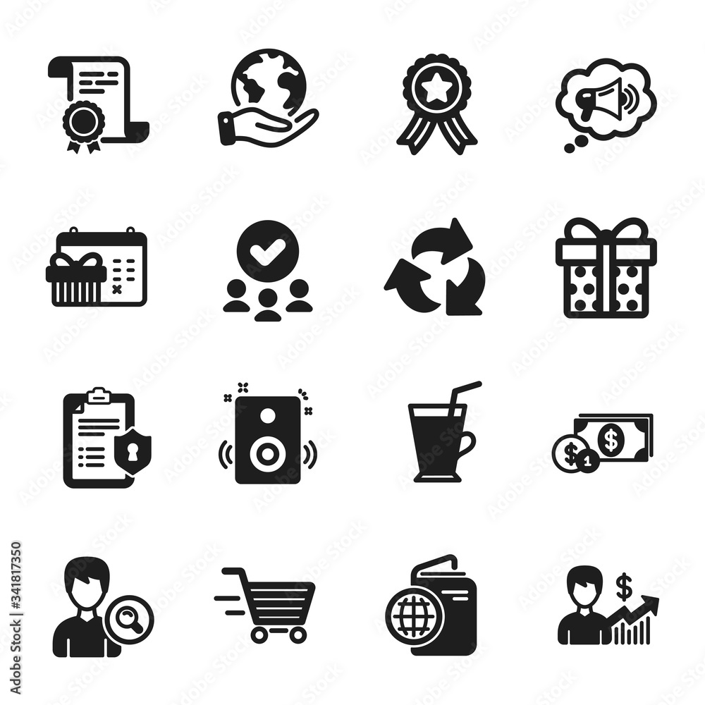 Set of Business icons, such as Christmas calendar, Gift box. Certificate, approved group, save planet. Speakers, Megaphone, Delivery shopping. Search people, Dollar money, Privacy policy. Vector