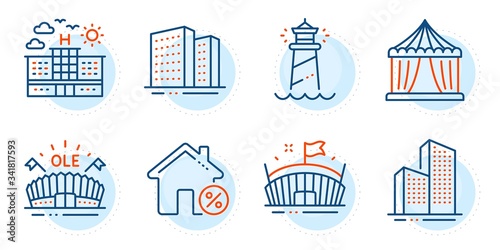 Skyscraper buildings, Lighthouse and Hotel signs. Buildings, Loan house and Sports arena line icons set. Arena, Circus tent symbols. Town apartments, Discount percent. Buildings set. Vector