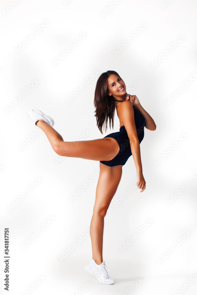 young pretty slim woman doing gym isolated on white background, healthcare people concept closeup young pretty slim woman doing gym isolated on white background, healthcare people concept closeup