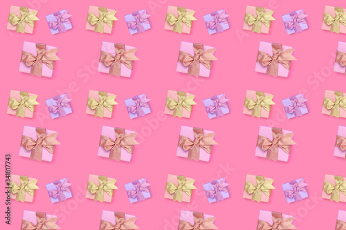 Many beautiful gift boxes on color background