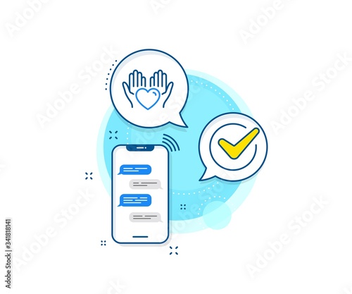 Care love emotion sign. Phone messages complex icon. Hold heart line icon. Valentine day symbol. Messenger chat screen banner. Hold heart sign. Vector