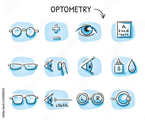 Set of different optometry icons, with eyes and glasses for medical info graphics on blue tiles. Hand drawn cartoon sketch vector illustration, marker style coloring. 