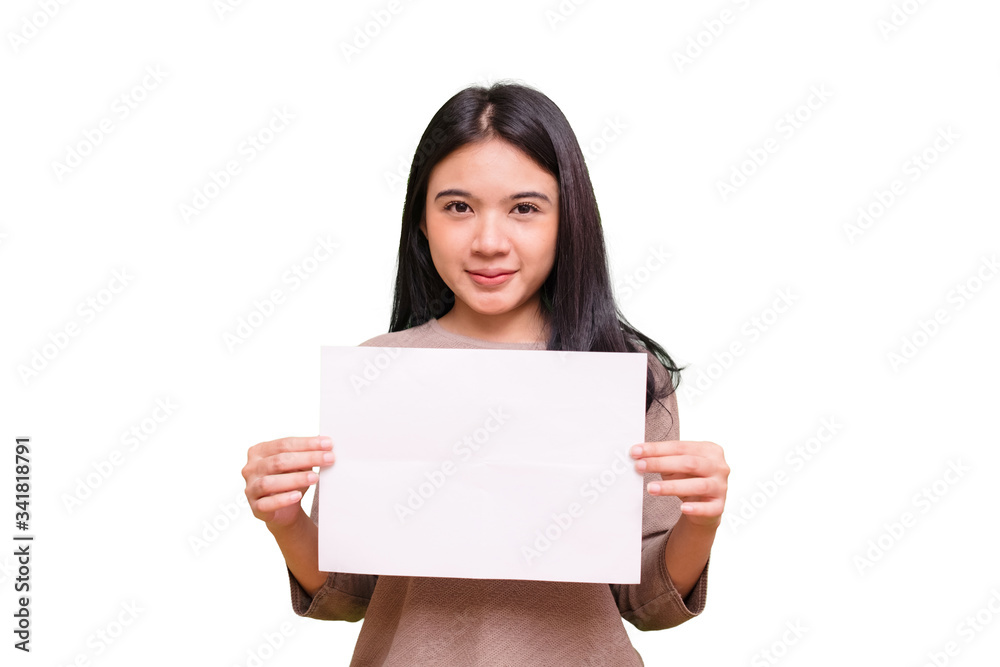 Isolated Portrait of a cheerful and healthy young woman asian wearing medical mask holding a empty sheet of paper. Isolated Portrait of a cheerful and healthy young woman asian wearing medical mask holding a empty sheet of paper.