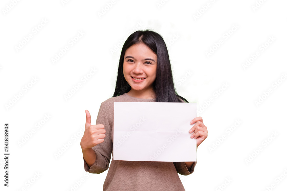 Isolated Portrait of a cheerful and healthy young woman asian wearing medical mask holding a empty sheet of paper. Isolated Portrait of a cheerful and healthy young woman asian wearing medical mask holding a empty sheet of paper.