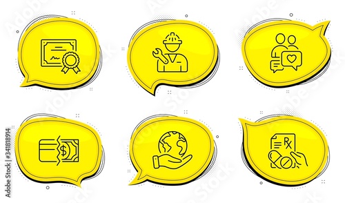 Dating chat sign. Diploma certificate, save planet chat bubbles. Prescription drugs, Repairman and Payment methods line icons set. Pills, Repair service, Credit card. People love. Vector