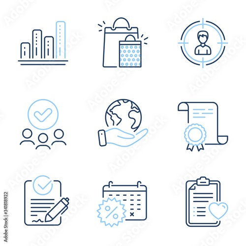 Headhunting, Rfp and Graph chart line icons set. Diploma certificate, save planet, group of people. Patient history, Calendar discounts and Shopping bags signs. Vector