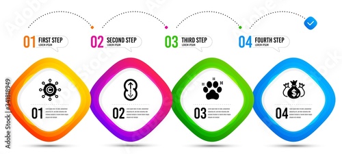 Copywriting network, Check investment and Swipe up icons simple set. Timeline infographic. Pet friendly sign. Content networking, Business report, Scrolling page. Dog paw. Business set. Vector