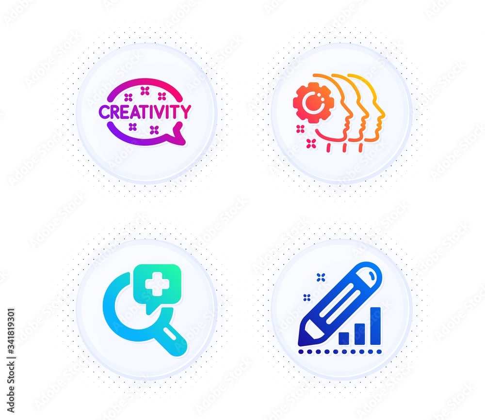 Employees teamwork, Creativity and Medical analyzes icons simple set. Button with halftone dots. Edit statistics sign. Collaboration, Inspiration, Medicine. Seo manage. Business set. Vector